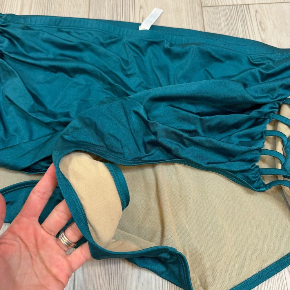Swim by Cacique Teal Green Ruched High Waisted Caged Side Bikini Bottoms 32